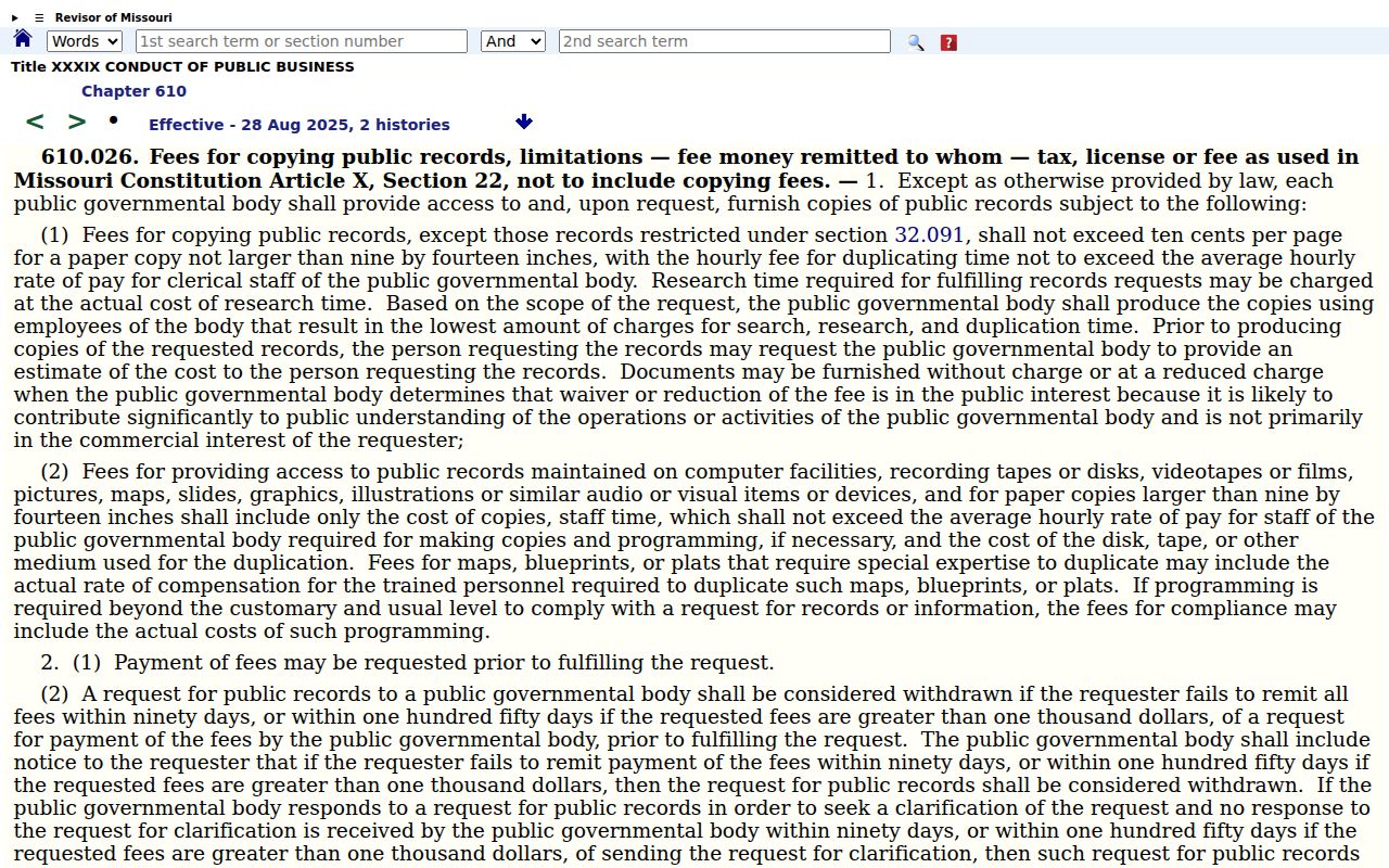 Missouri fee statute for Moniteau warrant records requests