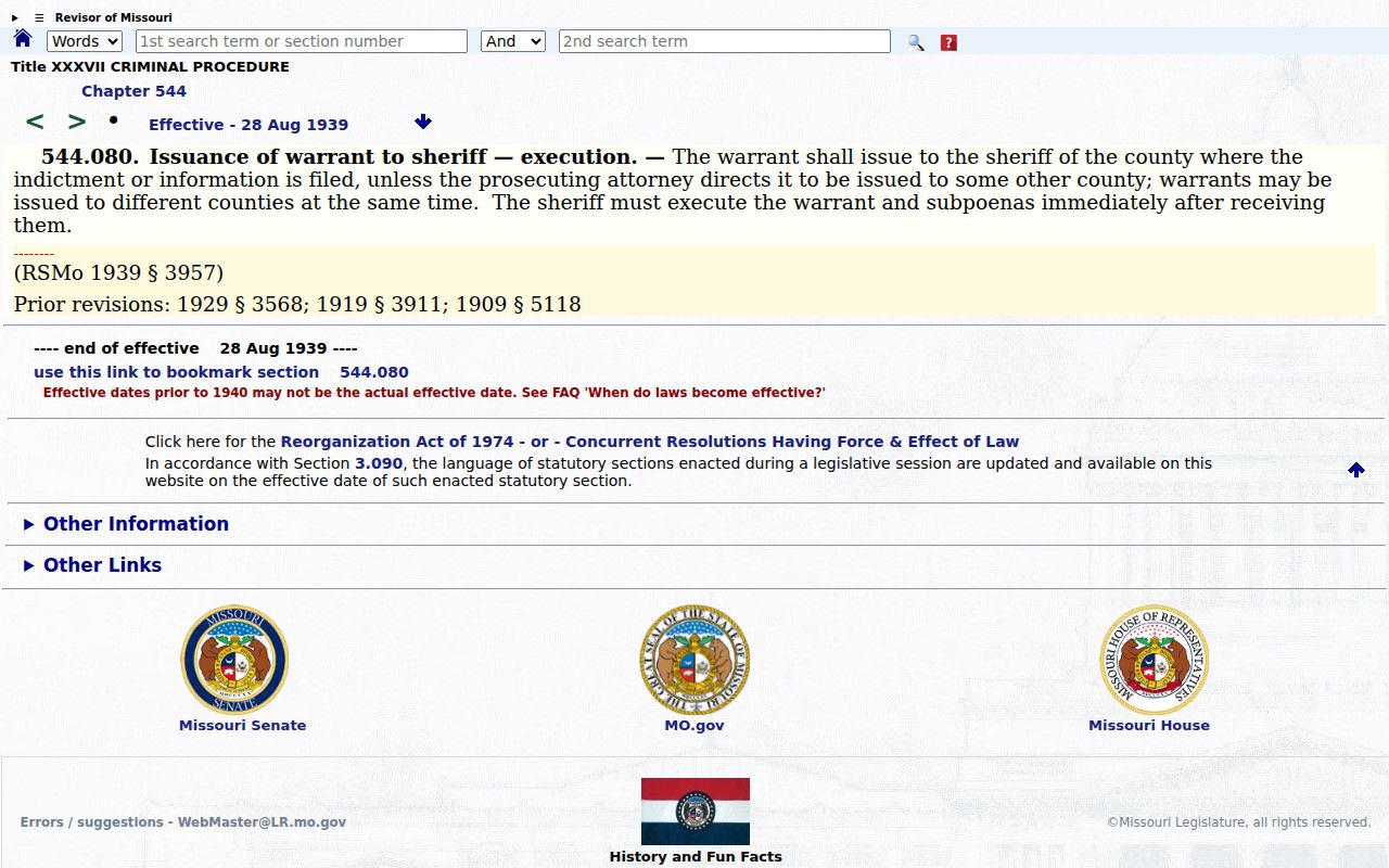 Moniteau arrest warrant service under Missouri section 544.080