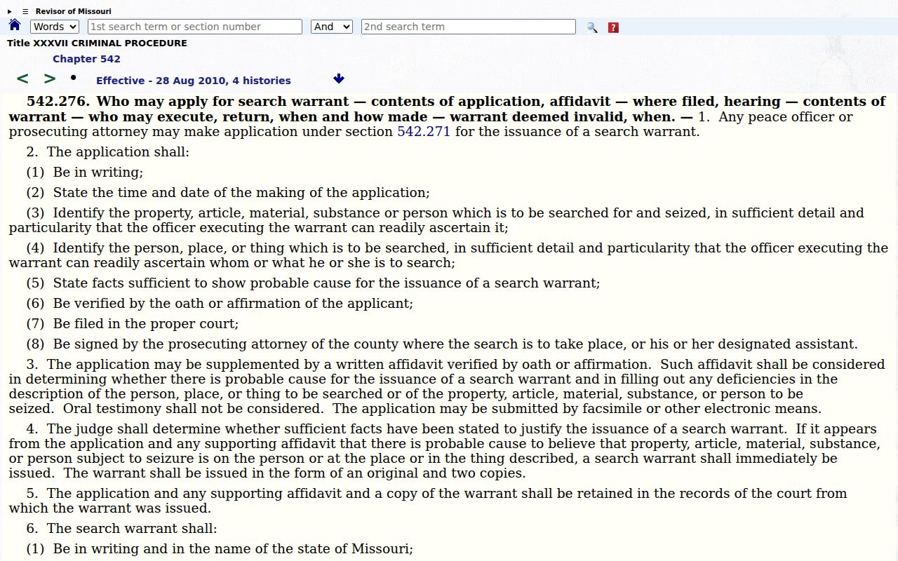 Moniteau arrest warrant comparison with Missouri search warrant statute