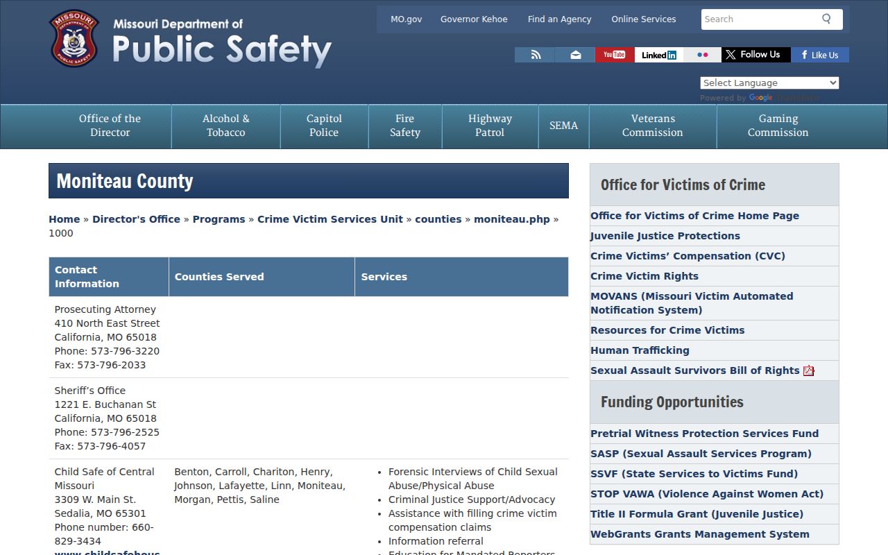 Moniteau official agency directory supporting warrant resolution routing